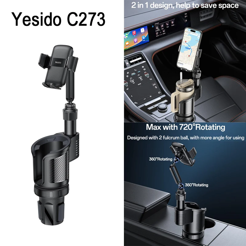 

Yesido C273 Car Water Cup Holder Phone Bracket, 2 in 1 Beverage Storage Cup & Mobile Phone Navigation Stand with 720° Rotating