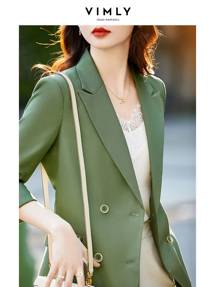 Vimly Double Breasted Blazer for Women 2023 Autumn Notched Lapel Three Quarter Sleeve Straight-cut Office Lady Jackets V1137