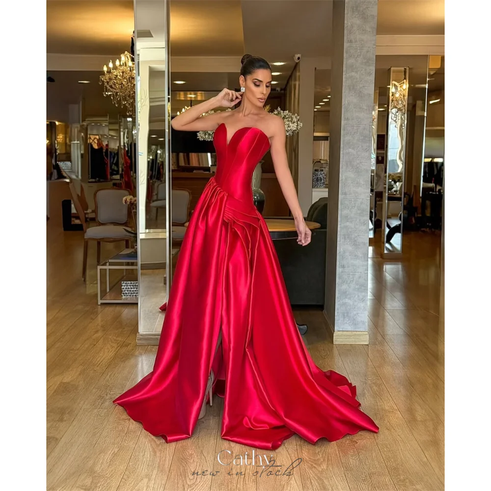 

Cathy Customized Red Sweetheart Neck Tiered Ruffle Prom Dress Satin Sleeveless vestidos de noiva Side High Split Formal Evening