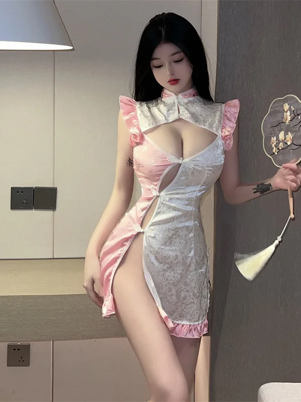 العاطفة ناضجة جديدة الوردي الثدي انفجار مثير عالية الشق مفتوحة الظهر شيونغسام مثير النمط الكلاسيكي فستان خادمة خاصة Y0M0