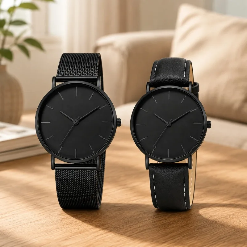 Fashion Lovers Wristwatch 2Pcs Slim Minimalist Quartz Couple Watch Classic Mesh & Leather Strap Elegant Watch Present For Couple