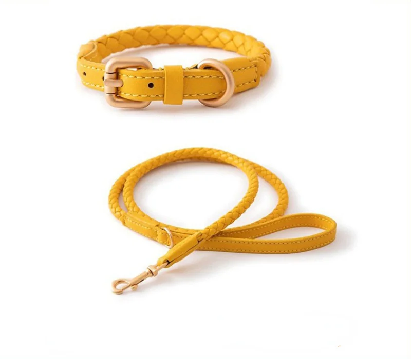 Juego de collar y correa de cuero para perros, collar de perro de PU ajustable, Correa trenzada suave y duradera para perros