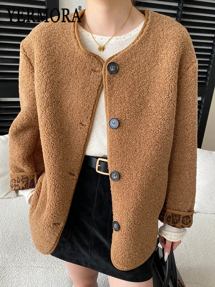 YERMORA Coffee Spliced Leopard Button Casual Wool Jacket For Women O-Neck Long Sleeve Loose New Coat Fashion Tide Spring Autumn