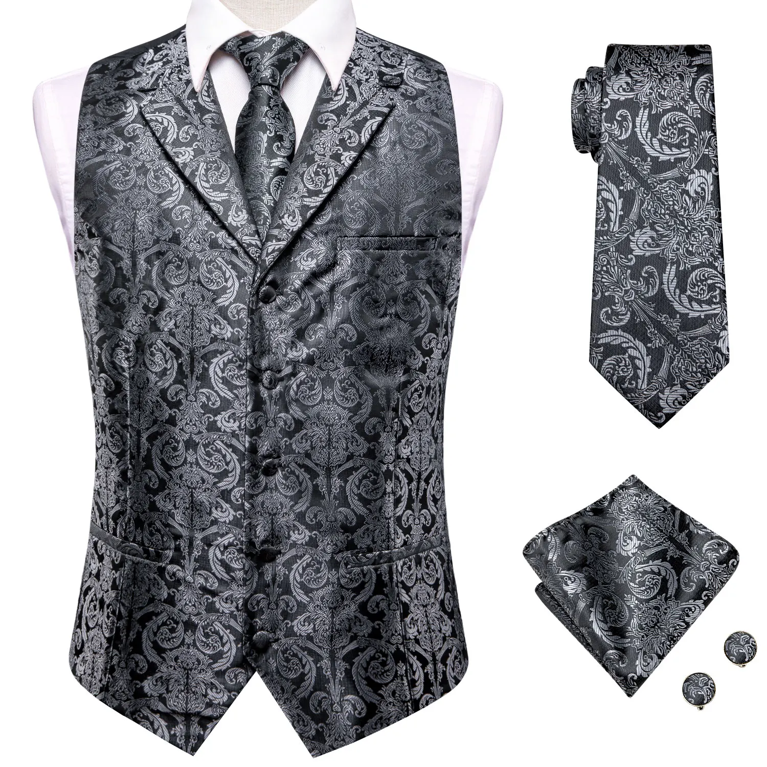 Hi-Tie Silver Green Silk Mens Vests Tie Hanky Cufflinks Set Flat Collar Jacquard Sleeveless Waistcoat for Male Wedding Business