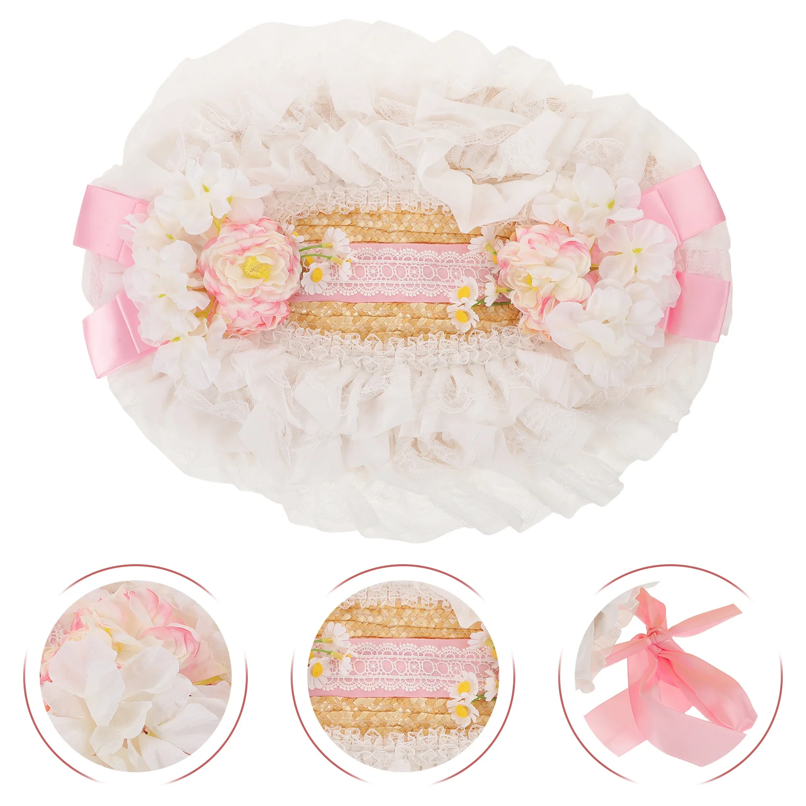 

Lolita Rattan Hat Wide Brim Sun Hat For Women Floral Ribbon Victorian Bonnet Garden Beach Shade Cap Uv Protection Travel