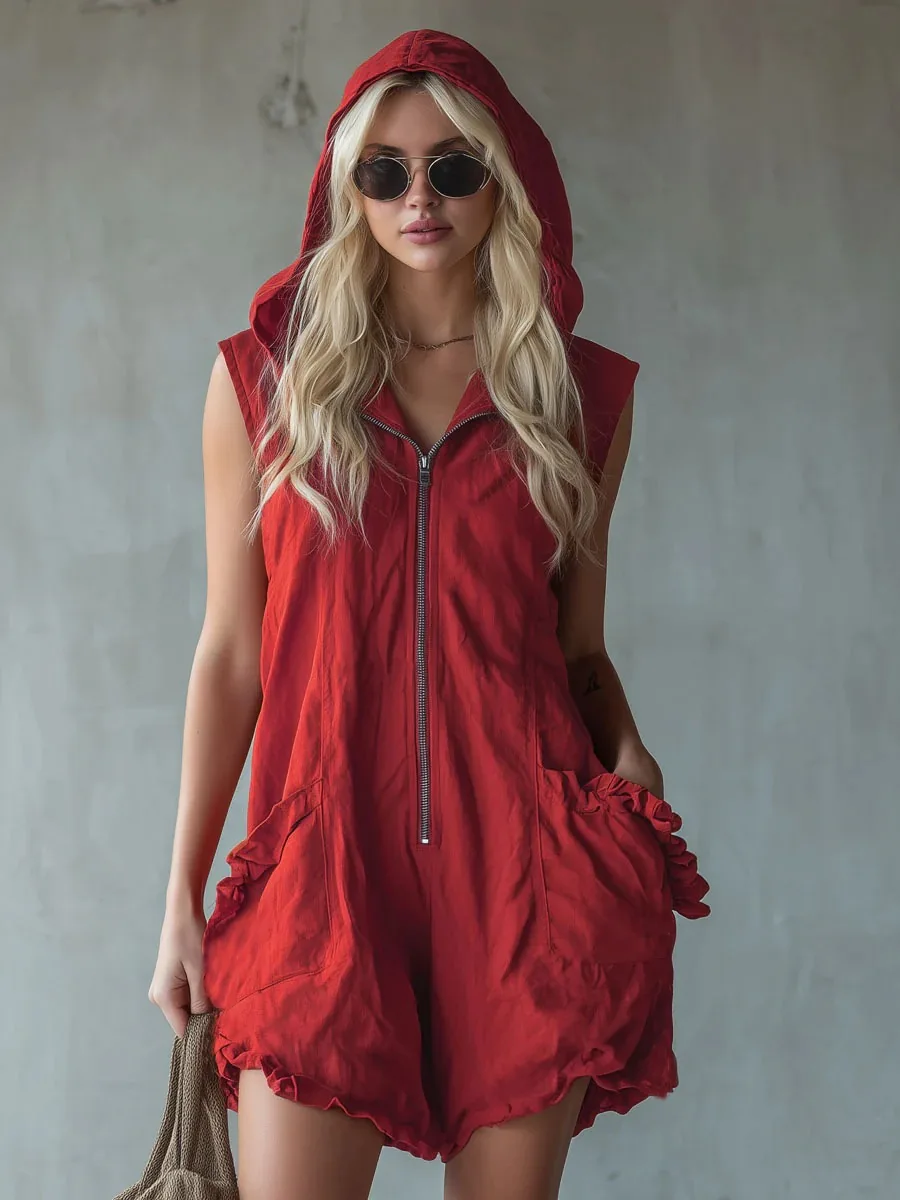

Women Casual Hooded Sleeveless Romper Zipper Ruffle Trim Hem Loose Fit Linen Blend Jumpsuit Side Pockets For Daily Streetwear