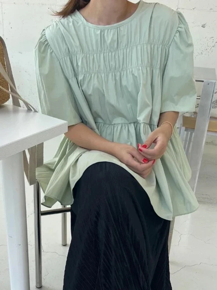 New Korean Minimalist Style Student Short Sleeved Shirt Summer Fashion Loose Round Neck Unique Solid Color Women Doll Shirt Top