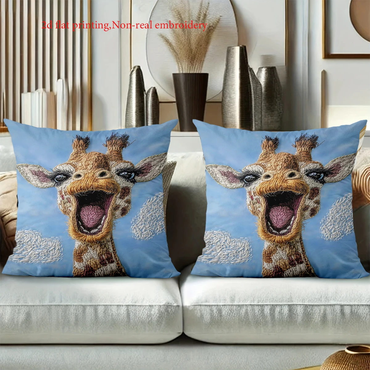 Cute Giraffe Pattern Decorative Throw Pillow Cover 2D Printed Polyester Sofa Cushion Case for Kids Room Home Decor