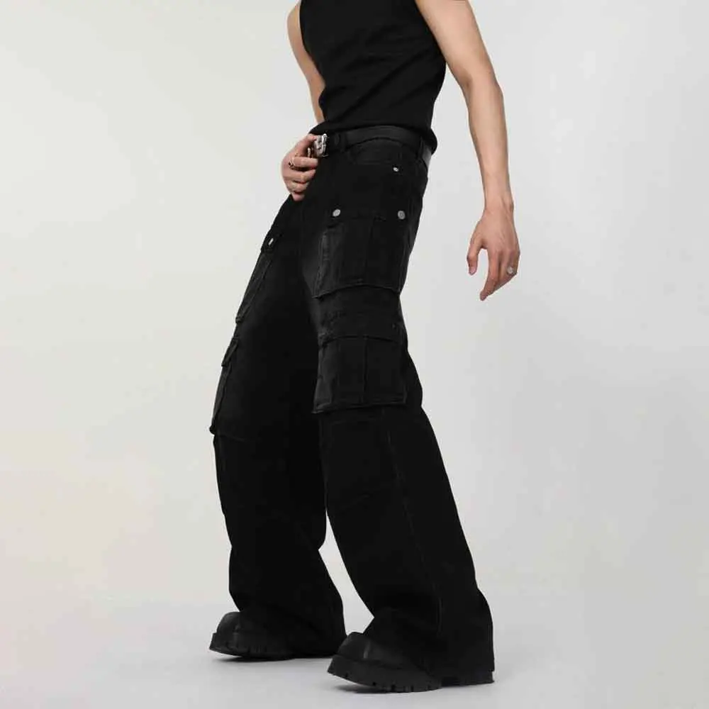 Outono novo masculino multi-bolso trabalho jeans americano retro moda tendência hip-hop rua solta casual nicho bottoms masculinos 2025