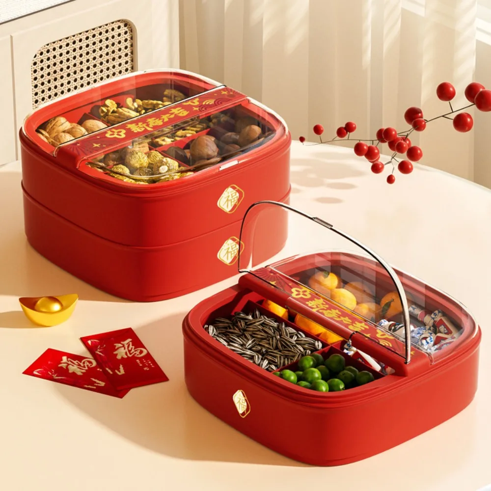 Household Red Chinese New Year Candy Fruit Tray Flip Cover Divided Snacks Plate 4 Compartments 1/2/3 Layer Candy Box Living Room