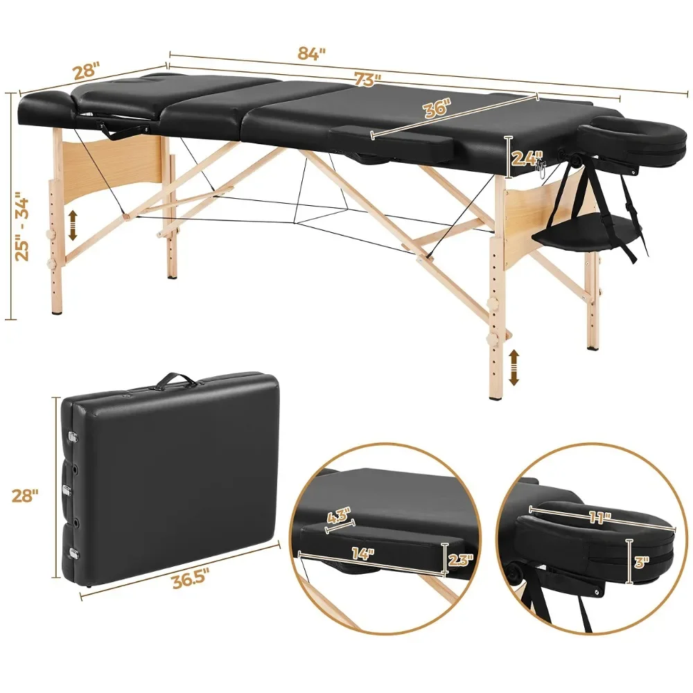 Mesa de massagem portátil com saco de transporte, cama facial dobrável, extensões do chicotão, mesa tatuagem beleza, 3 dobra cama