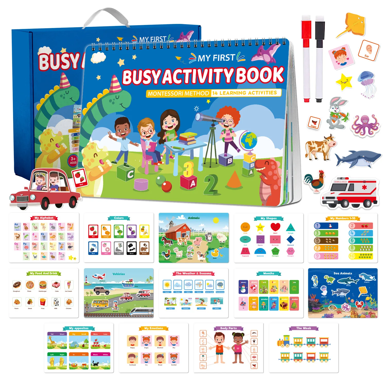 

Pre-Assembled Busy Book for Toddlers - Early Learning Sensory Quiet Book with No-Cut Stickers, Educational Montessori Toy