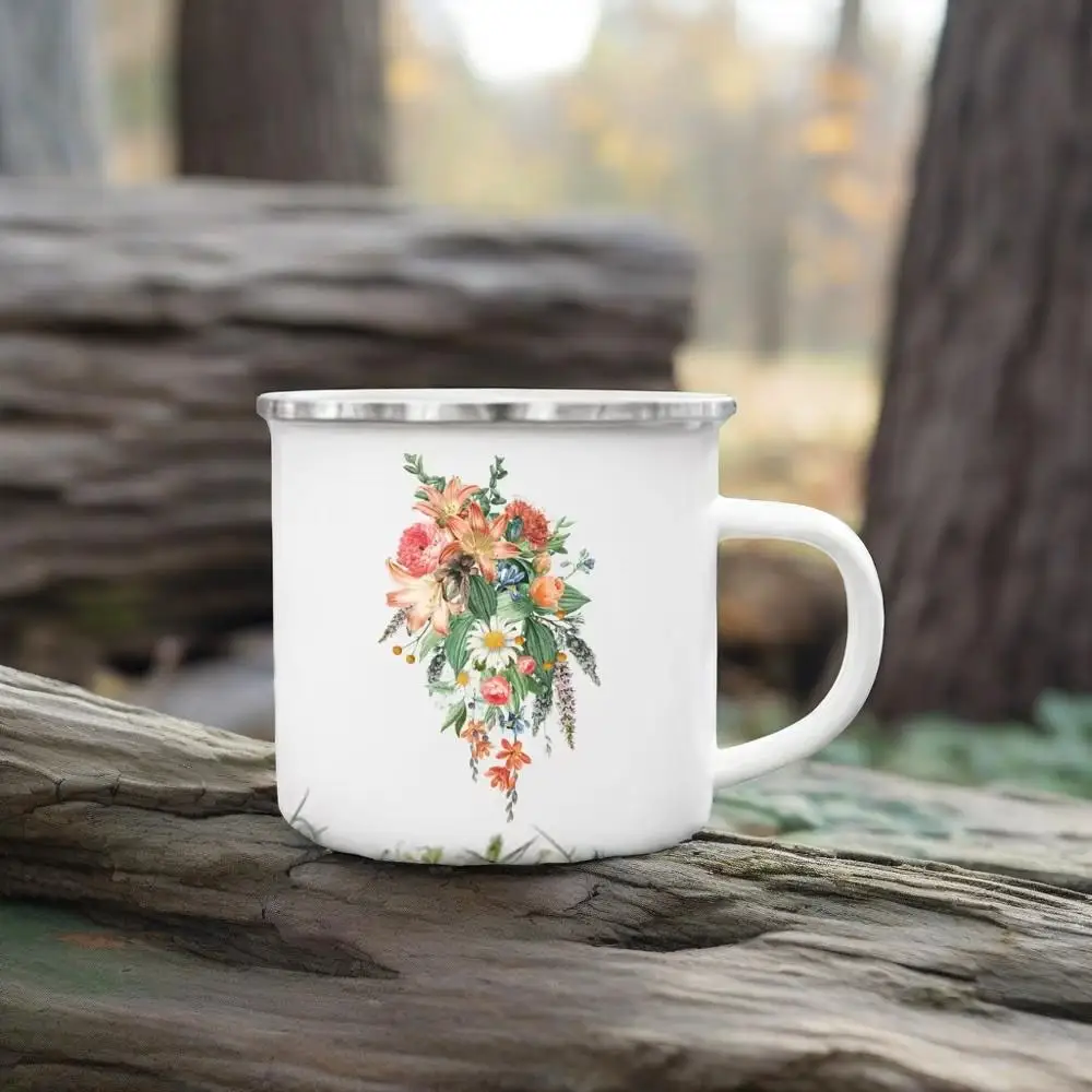 Creative Flowers Print Enamel Coffee Mugs Camping for Spring Outing Drink Juice Cocoa Cups Student Children Breakfast Milk Mug