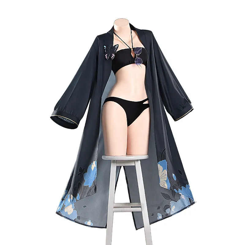 Anime Blue Archive Kisaki Cosplay Swimsuit Set Black Bikini with Floral Kimono Cover Up Sexy Beach Costume for Women