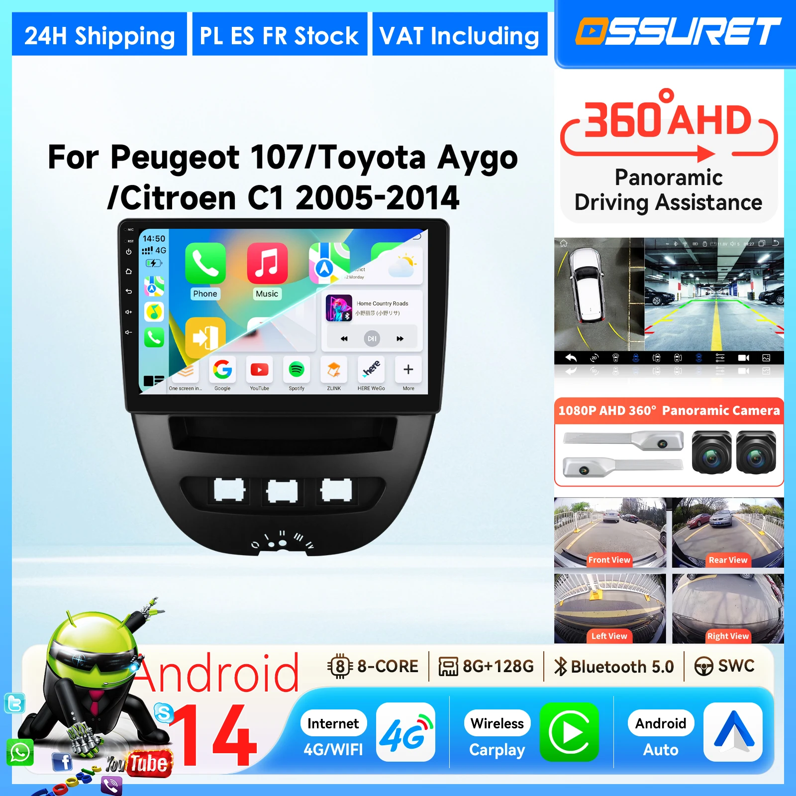 Autoradio Android per Peugeot 107 Toyota Aygo Citroen C1 2005 - 2014 Carplay Video GPS Navigazione Lettore Multimediale DVD No 2din Telecamera 360 4G Wifi BT RDS