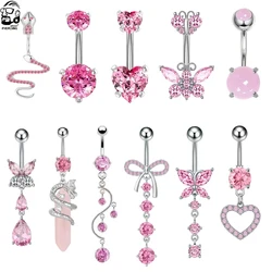 Pink Zircon Butterfly Snake Belly Button Rings for Women Girls Fashion Heart Water-Drop Curved Barbell Belly Piercing Jewelry