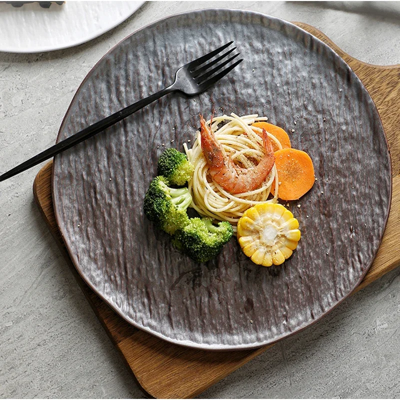

11 Inch Dinner Black Ceramic Food Steak Flat Round Dessert Dish Kitchen Tableware