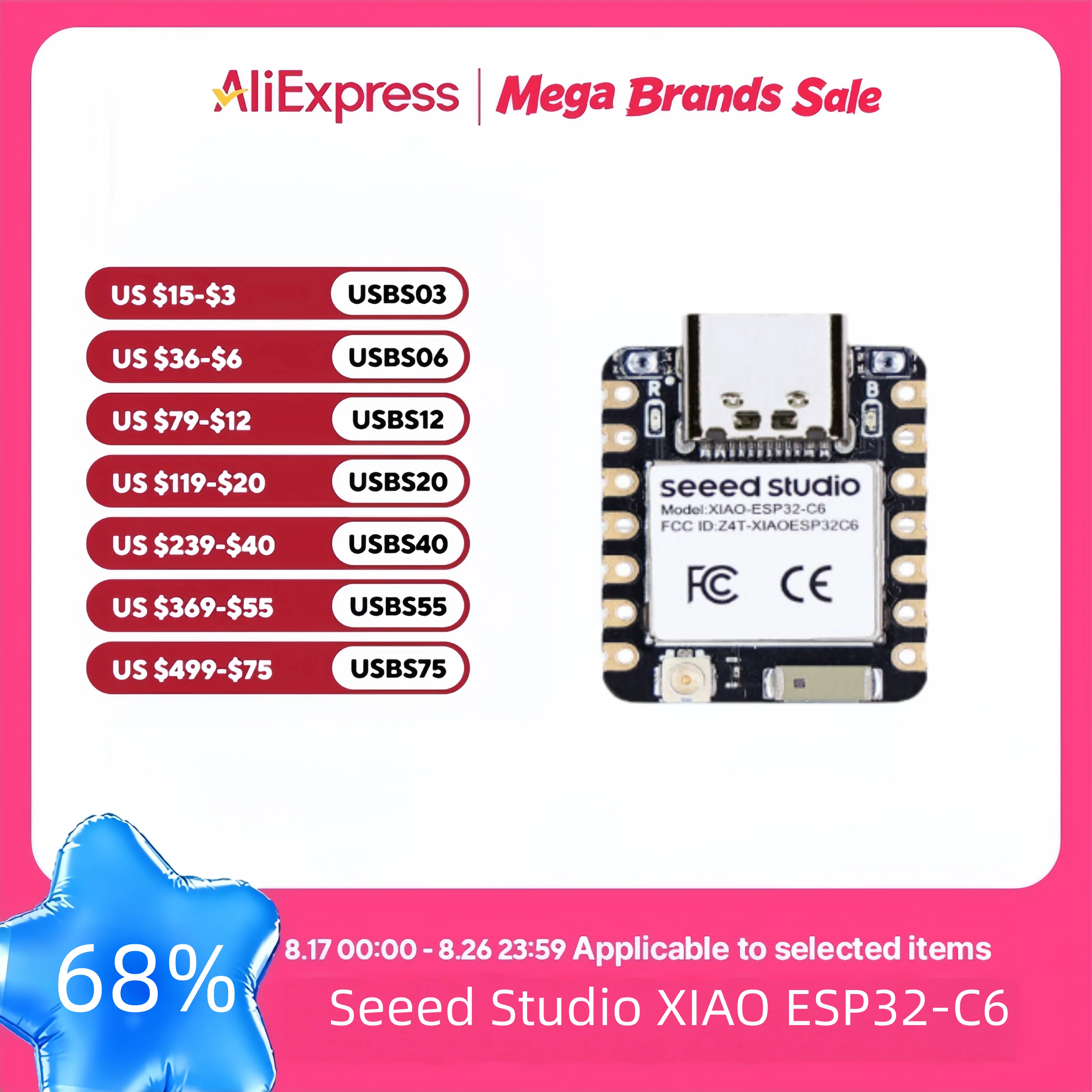 ESP32C6 mini development board XIAO esp32 c6-2.4 GHz WiFi6,BlE5.3,Zigbee Thread (802.15.4)ESP Rain Maker,AWS IoT,Microsoft Azure