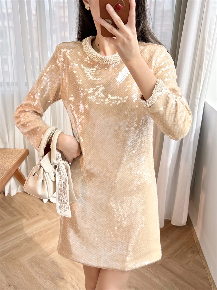 

Champagne Sequined Dress,elegant and Radiant,pearl Trimmed Round Neck,socialite and Stylish Woman Birthday Dresses for Women 24