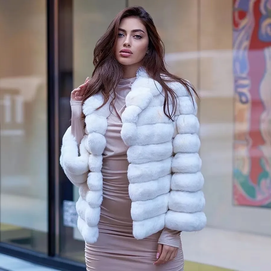 سترة قصيرة من فرو أرنب ريكس الحقيقي مع ياقة معاطف من الفرو الطبيعي للنساء معطف فرو شينشيلا اللامع ملابس خارجية فاخرة من الفرو الأصلي
