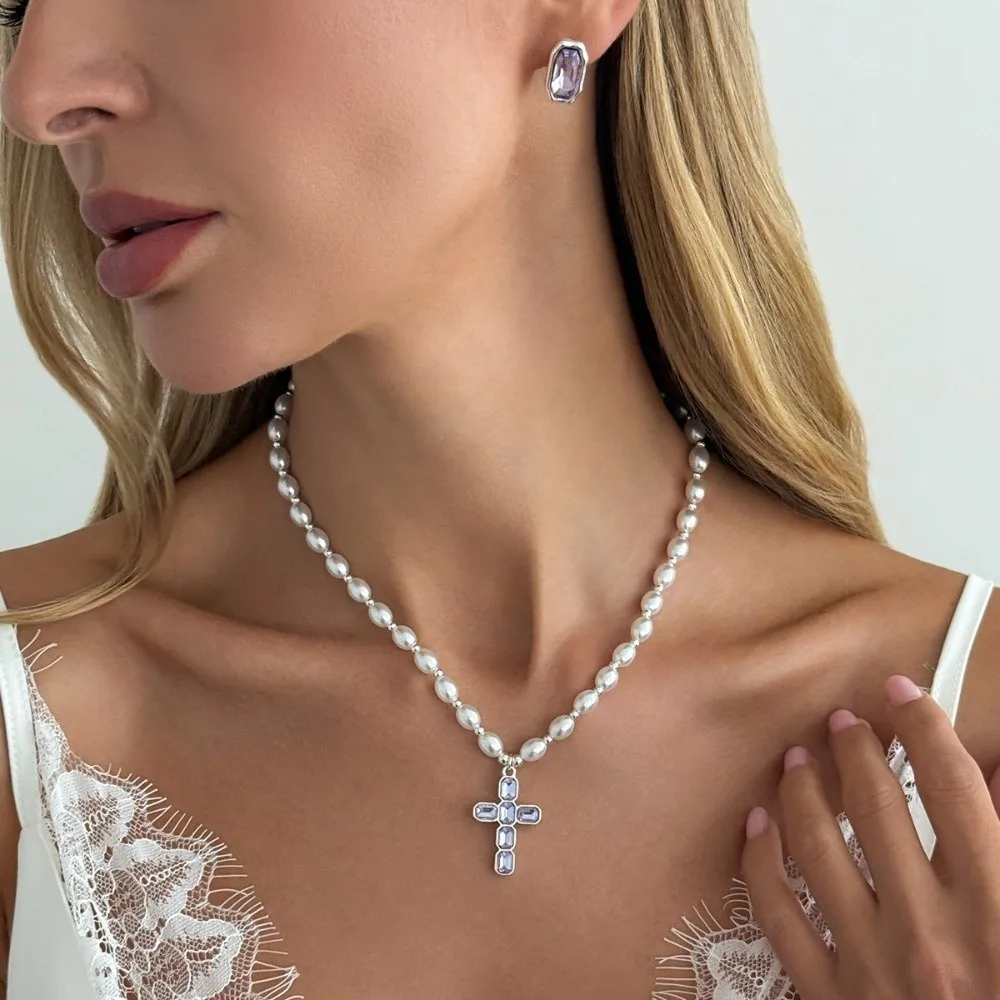 New Cross Pendant Pendant Necklace Blue Crystal Pearl Bead Choker Chain Ins Style Silver Tone Neck Collar Gift Choice
