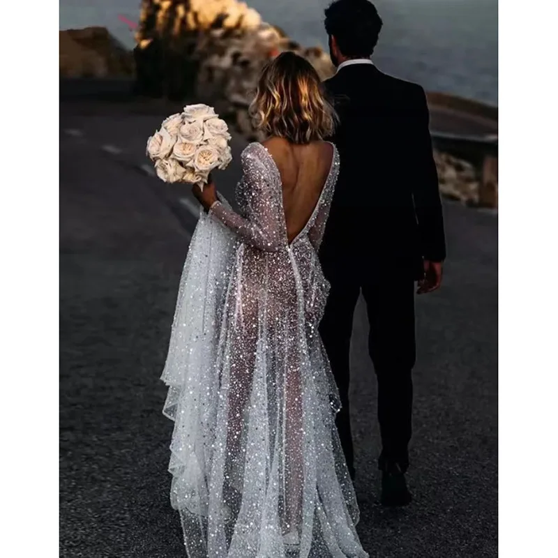 Sexy Edding Dress V Neck Long Sleeve A-Line Tulle Sweep Train Sequin Bridal Shower Dress Boho Wedding Dress 2025 Free Customized - Image 3