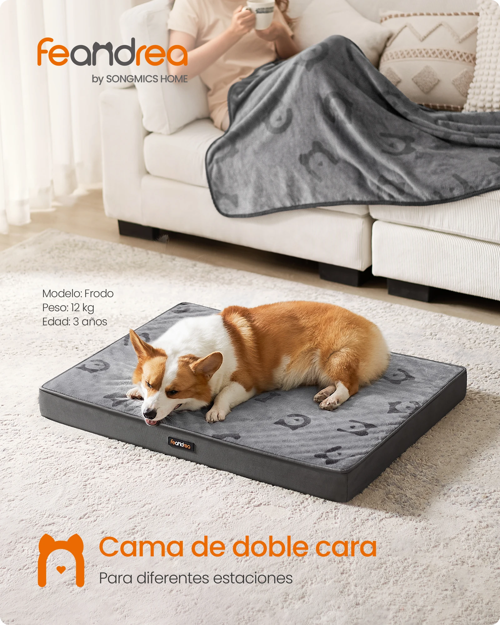 Feandrea Cama para Perros, Cama para Mascotas, Espuma Corrugada Preformada, con Asa, Extraíble, Doble Cara, Impermeable, Talla L, 91 x 68 x 8 cm, Gris Paloma