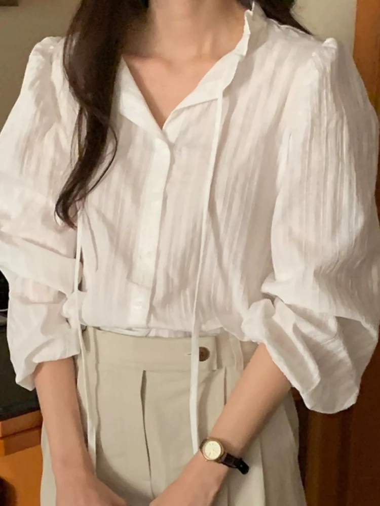 

Ele Chic Long Sve Women's irt Early Autumn New Sle Ruffle Trim Belted Bubble Sve Chic Top Korean Sle Slim Fit