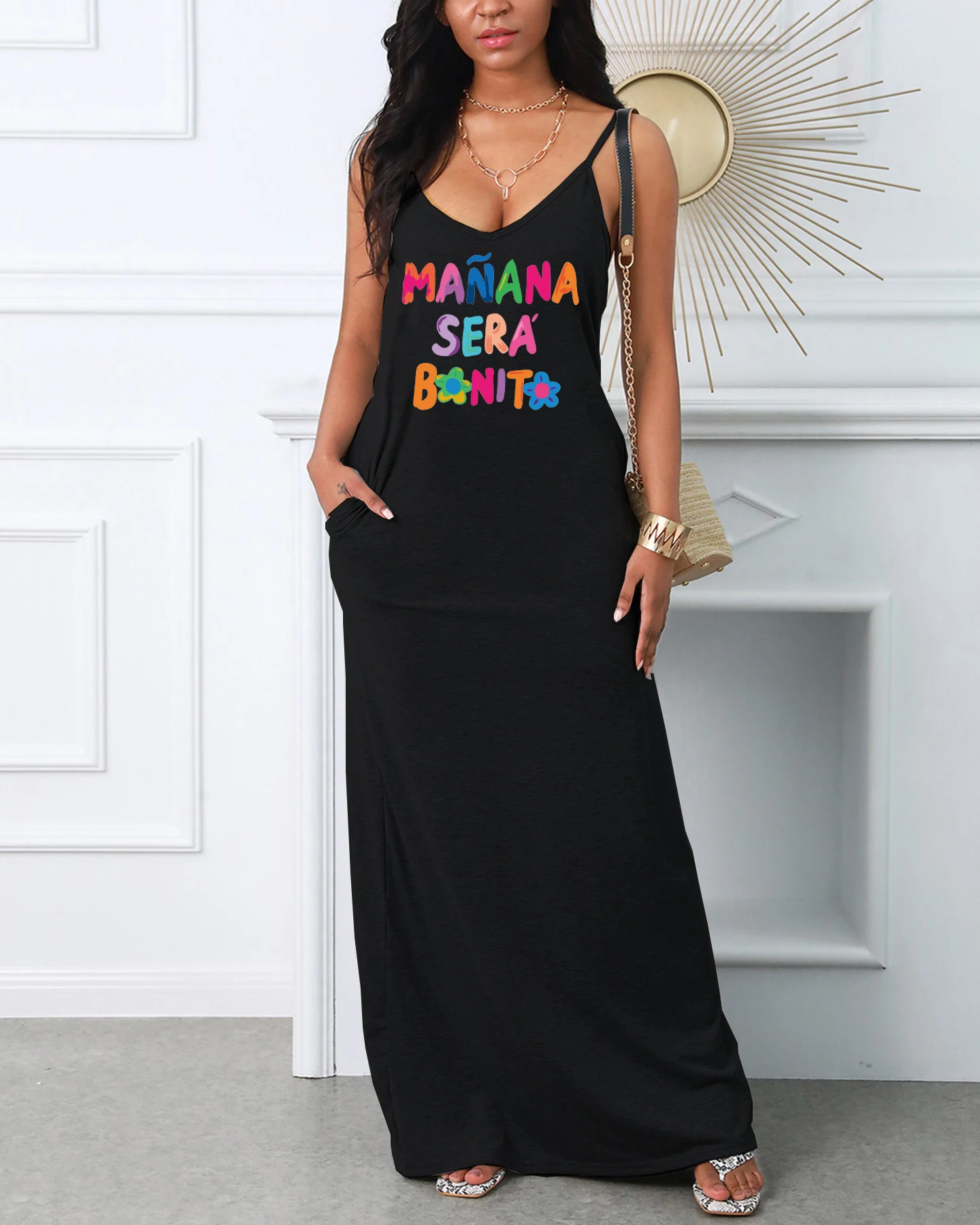 Letnia sukienka damska MANANA z nadrukiem litery duży luźny swobodny pasek z kieszenią z dekoltem w szpic seksowna długa sukienka Casual Letter Pattern Tops Summer Loos