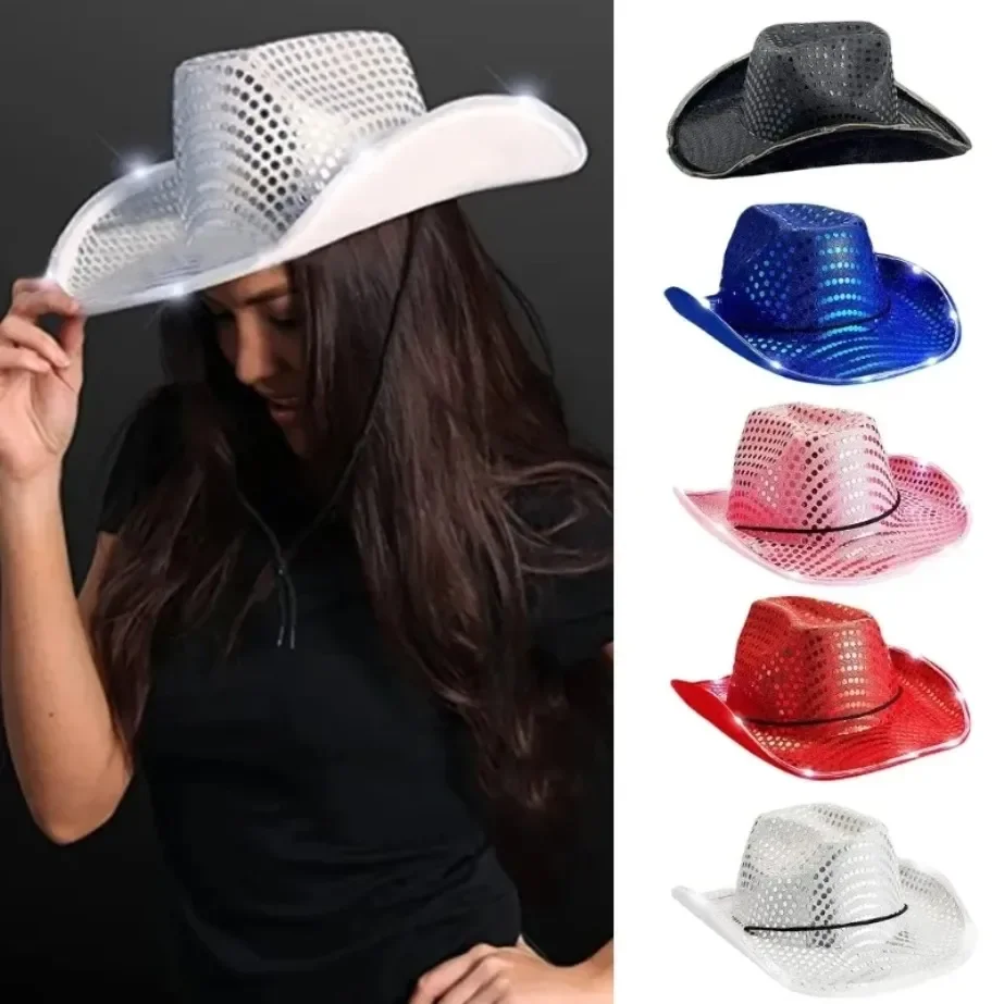

2025 Cowgirl LED Hat Flashing Light Up Sequin Cowboy Hats Luminous Caps Halloween Costume FY7970 G0831