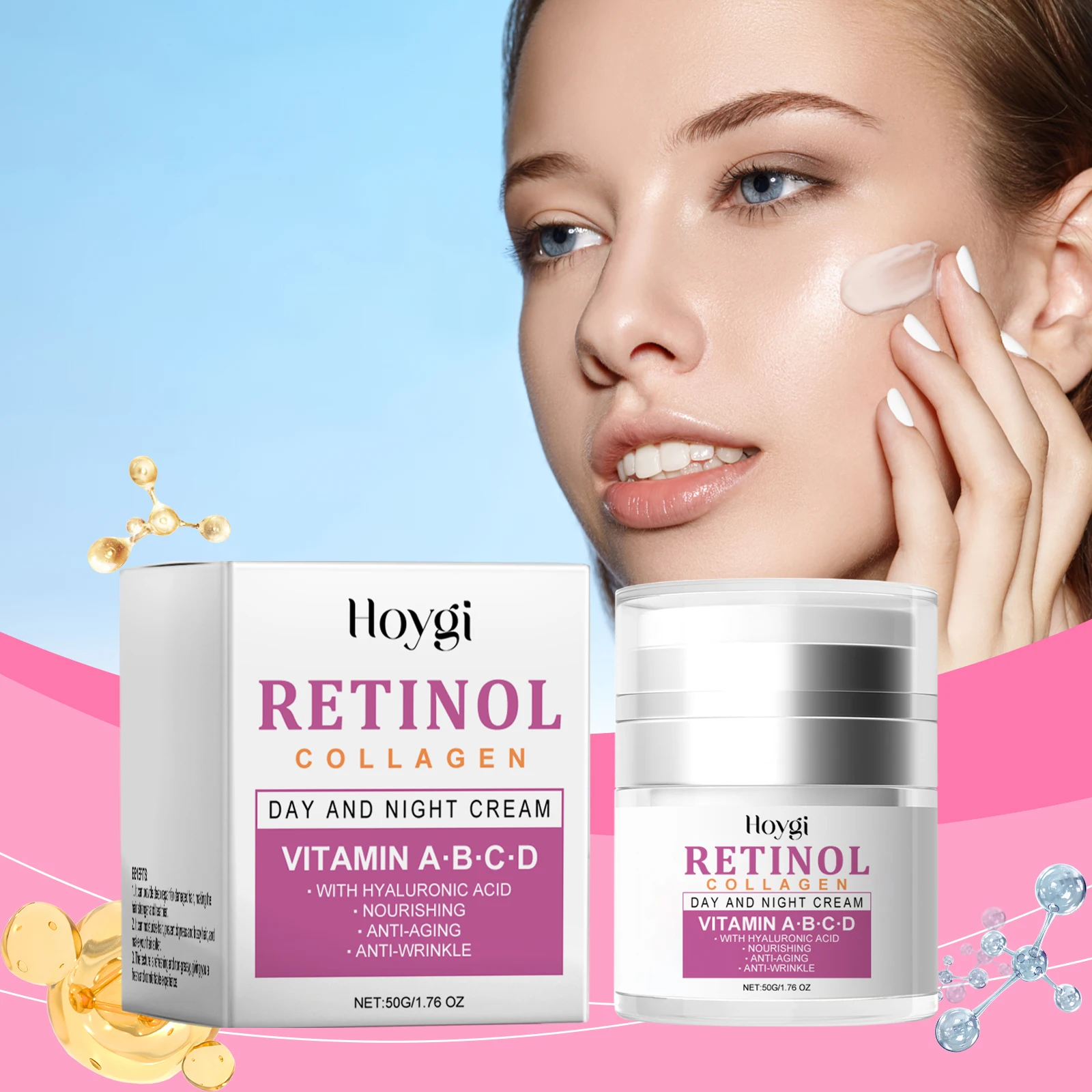 Retinol Collagen Day & Night Cream - Anti-Aging Face Moisturizer with Hyaluronic Acid & Vitamins A-D - 50g/1.76oz