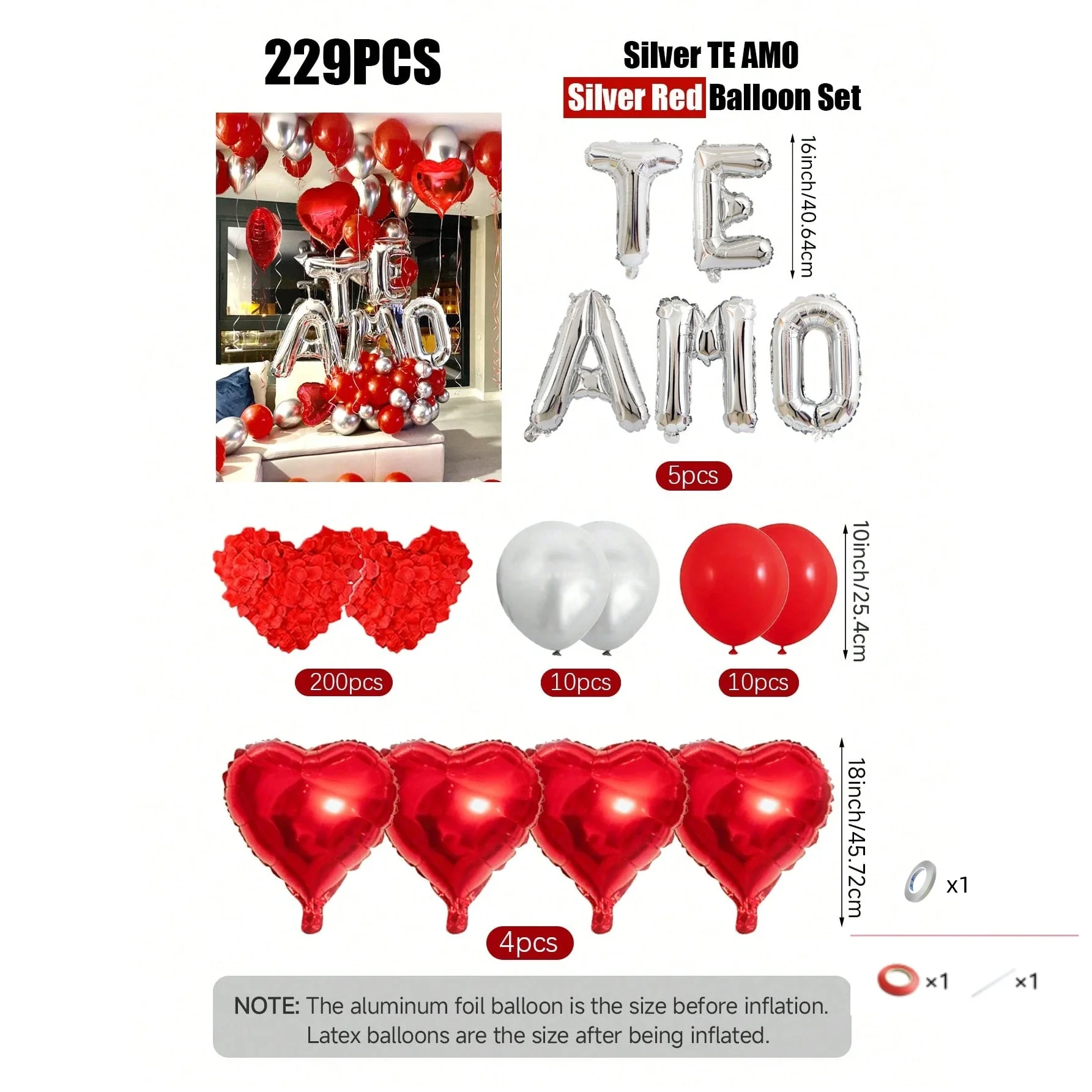 229/213 قطعة مجموعة بالونات حروف على شكل بتلات حمراء على شكل قلب TE AMO ، زينة عيد الحب والذكرى السنوية لعيد الميلاد وعيد الأب #4