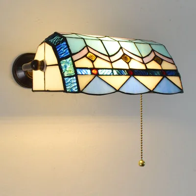 Vintage Brown Metal Base With Stained Glass Shade LED E27 Wall Lamps With Pull Down Switch Bedside Lamp