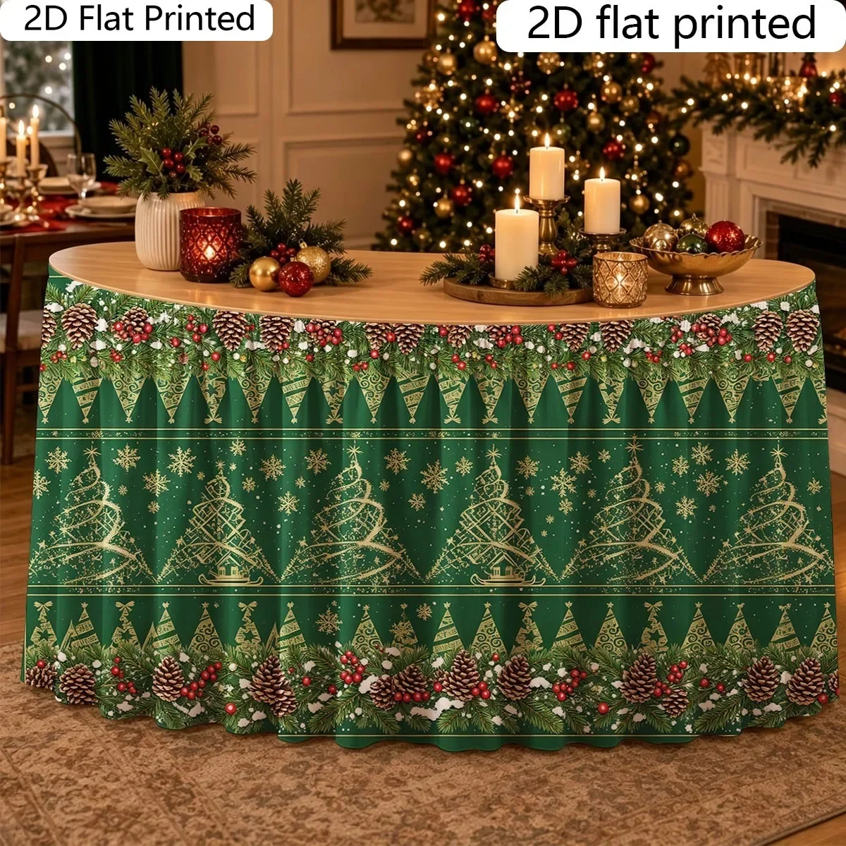Table skirt 1 piece, 2D flat, pine cone and fruit pattern, polyester fiber, high-quality and durable version