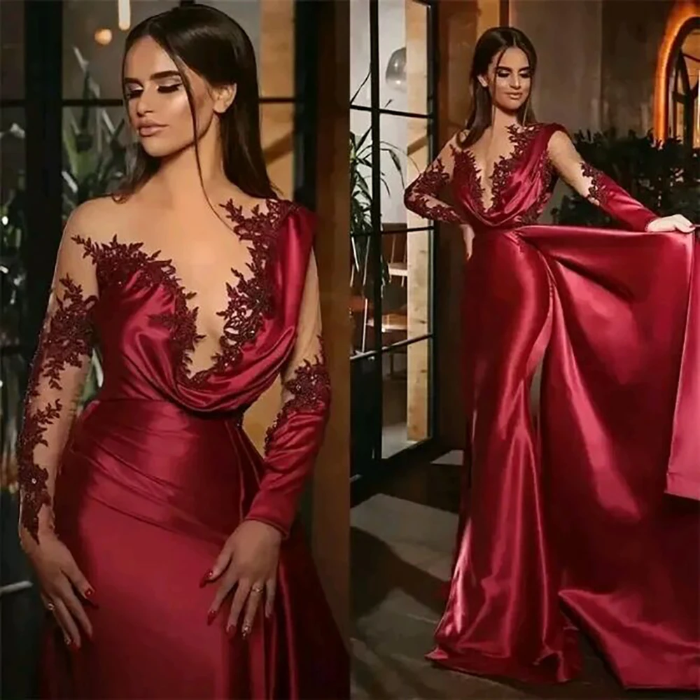 KSDN Burgundy Evening Dress Long Sleeve Appliques V-Neck Floor Length Satin Chic Gown Elegant Women Luxury Vestidos 2024