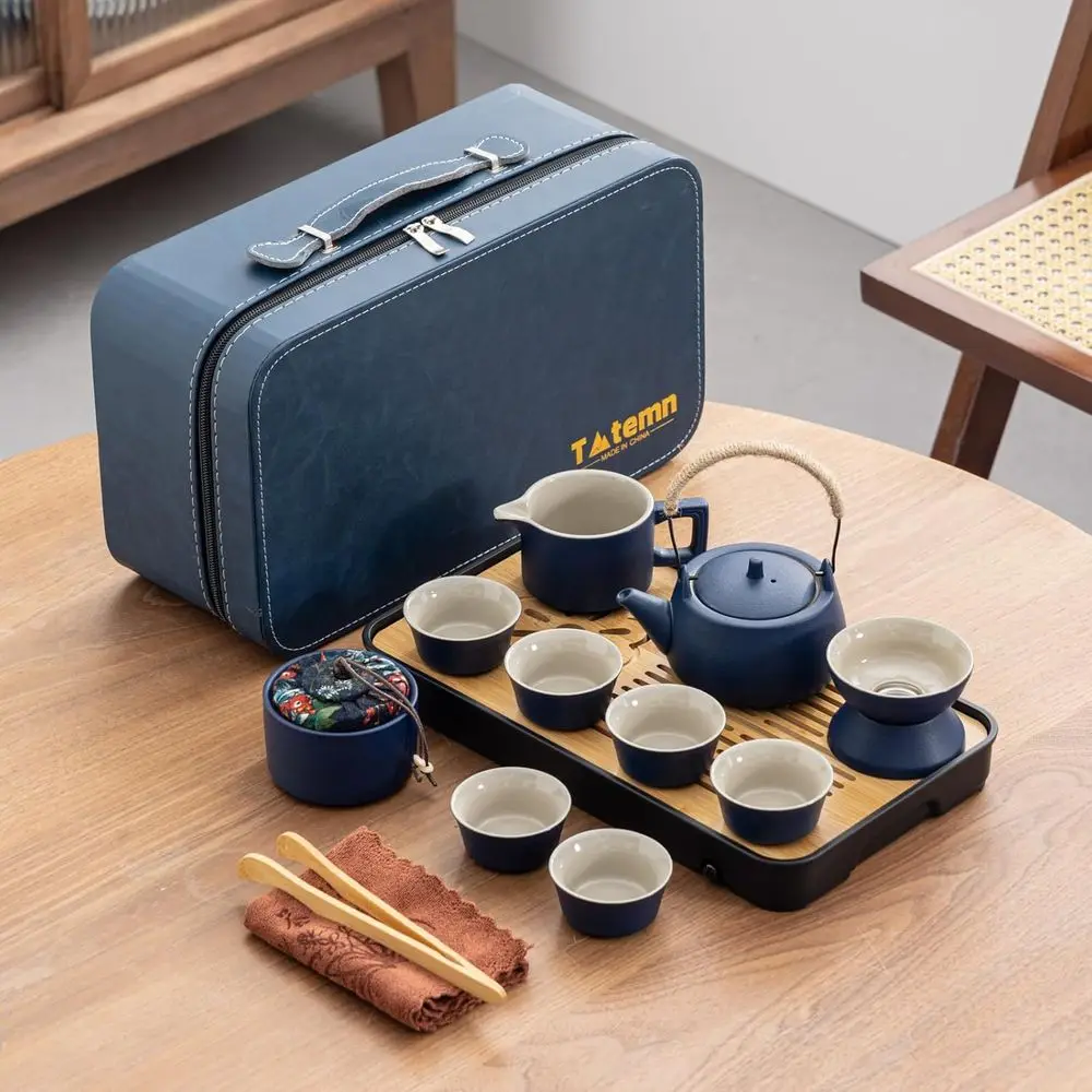 

14-Piece Portable Ceic Travel Tea Set - Chinese Kung u Tea Kit with Bamboo Tray & Leather Carry Bag (Blue) or Home/Oice/Camping/