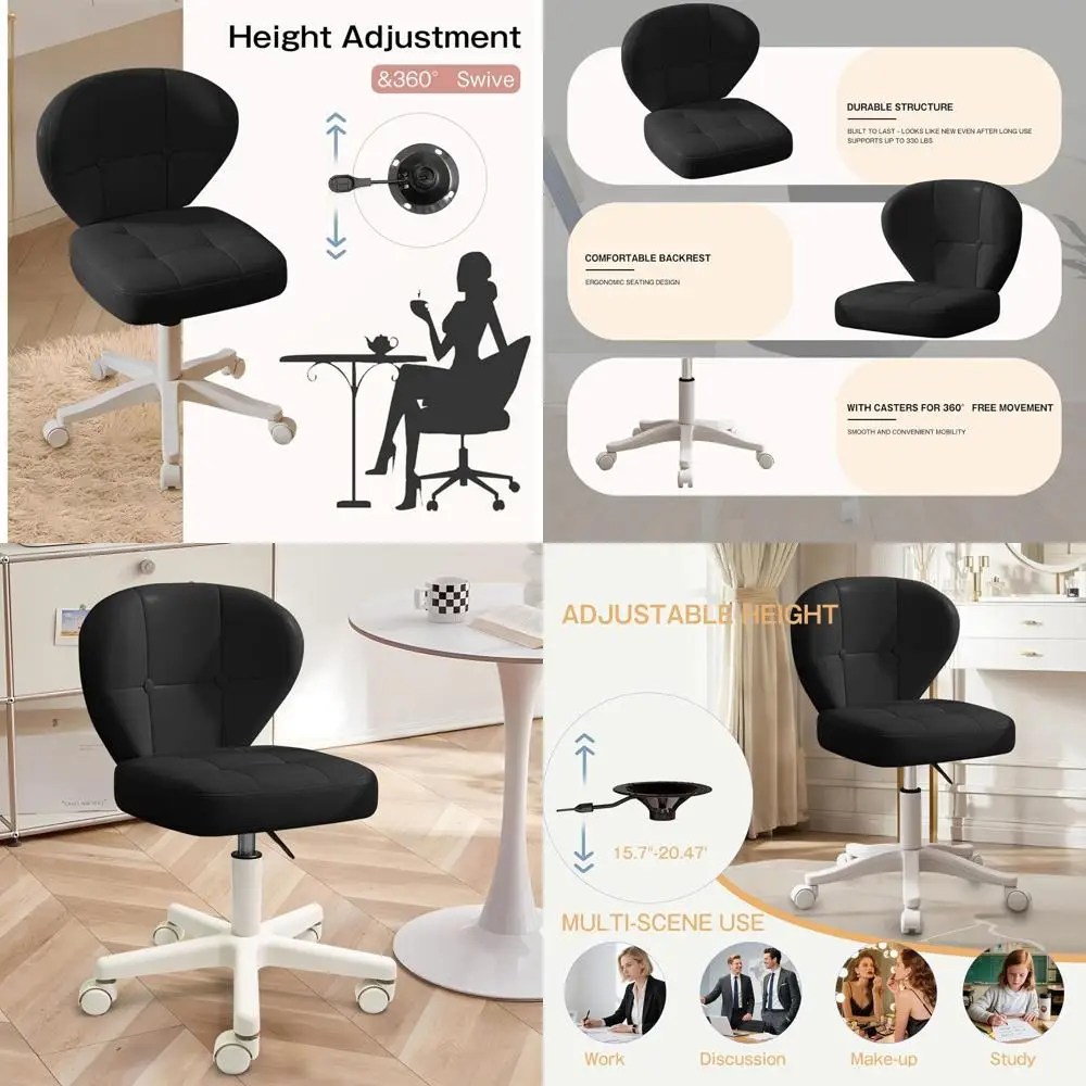 

Compact Ergonomic PU Leather Desk Chair with Lumbar Support, Adjustable Height, Armless Swivel, Ideal for Home Office, Bedroom,