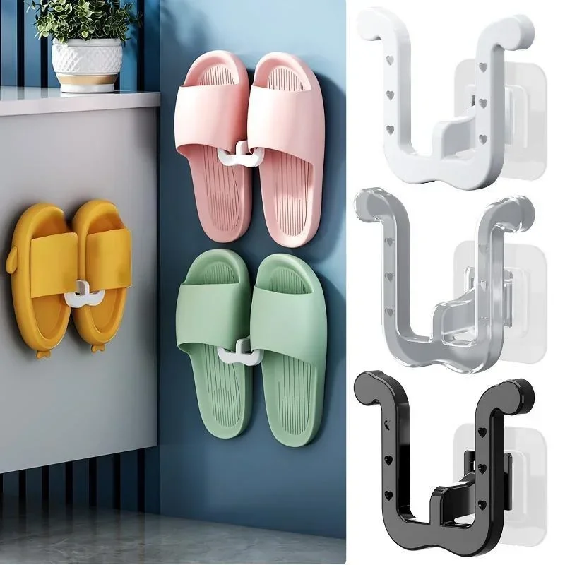 Household Slipper Storage Hook Wall Mounted Punch Free Shoe Rack Drainable Press Type Shoe Brush for Bathroom Bedroom