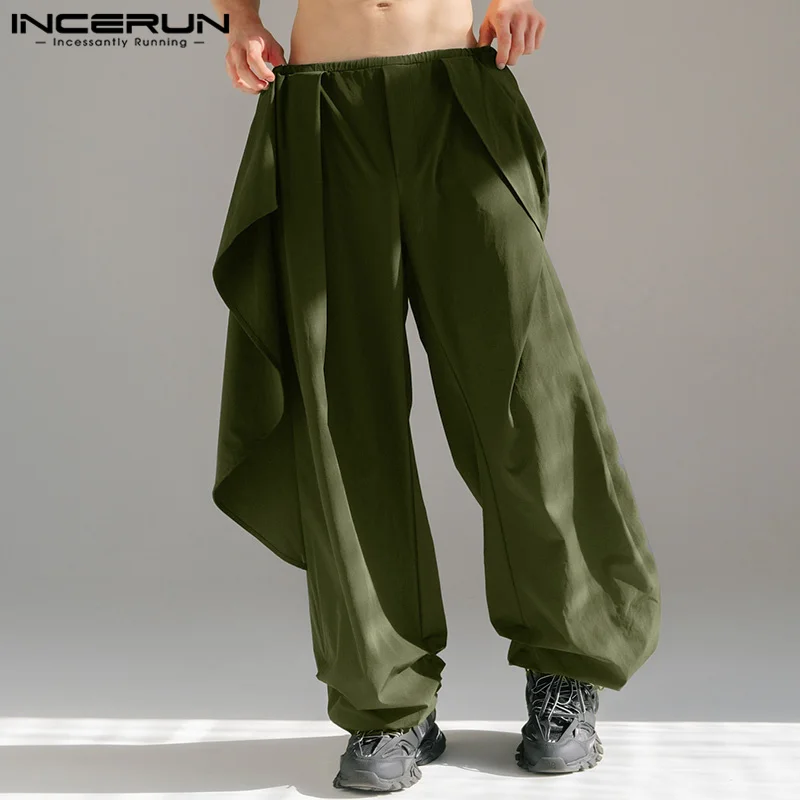 INCERUN American Style Trousers Fashion Men Deconstruct Fake Two-piece Solid Pants Casual Streetwear All-match Pleated Pantalons