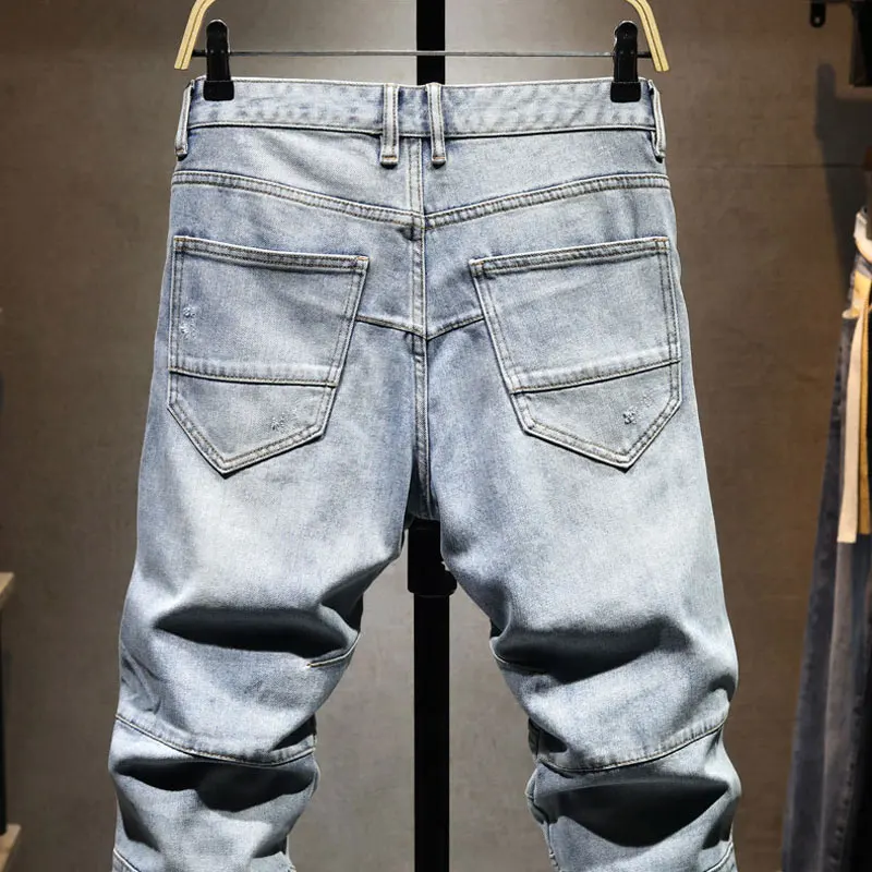 Street Designer Fashion Men Jeans Retro Light Blue Stretch Slim Fit Multi Pockets Denim Cargo Pants Patched Hip Hop Biker Jeans