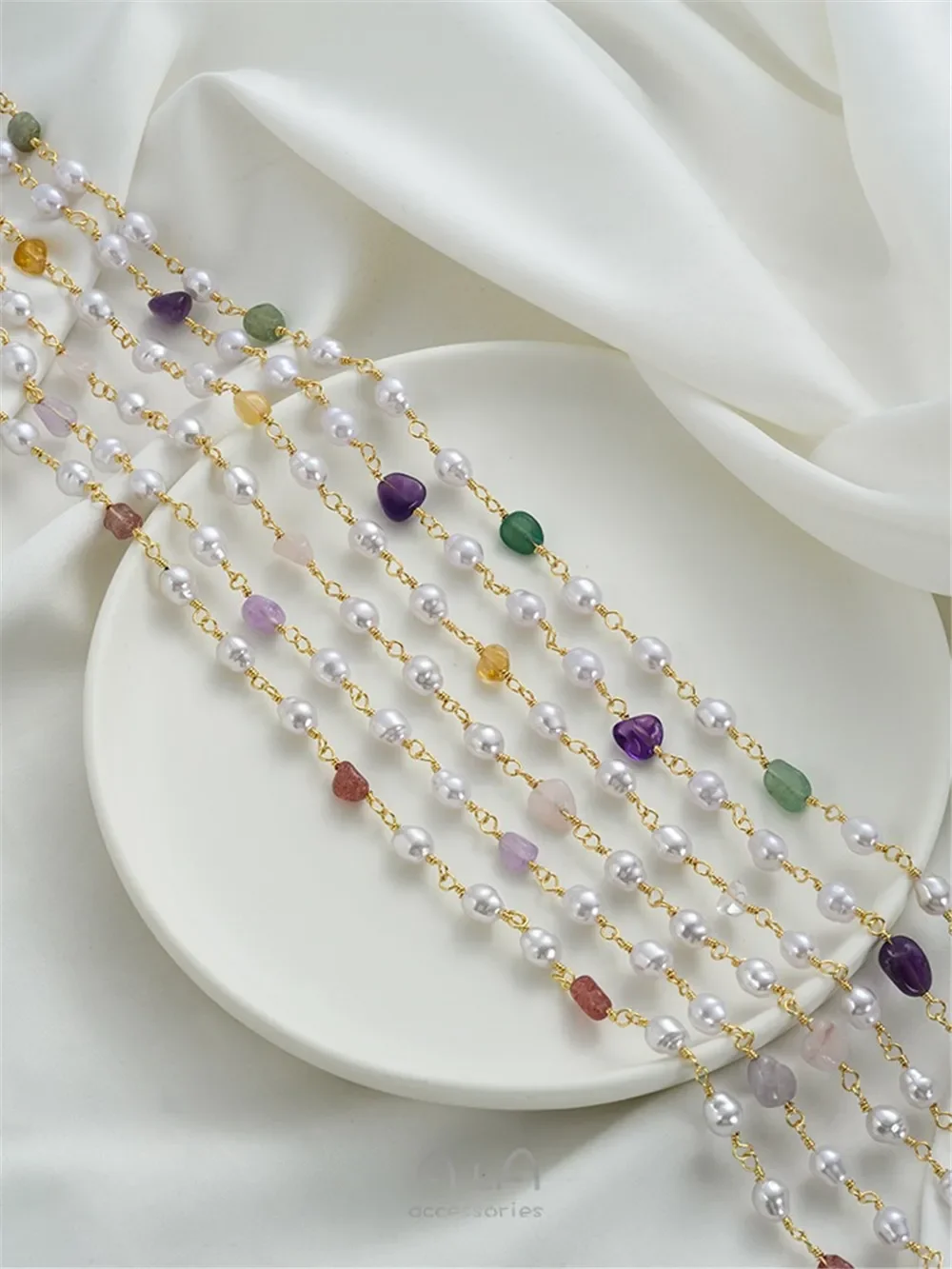 

14K Gold Wrapped Natural Irregular Amethyst Strawberry Crystal Imitation Pearl Chain DIY Bracelet Jewelry Handmade Loose Chain