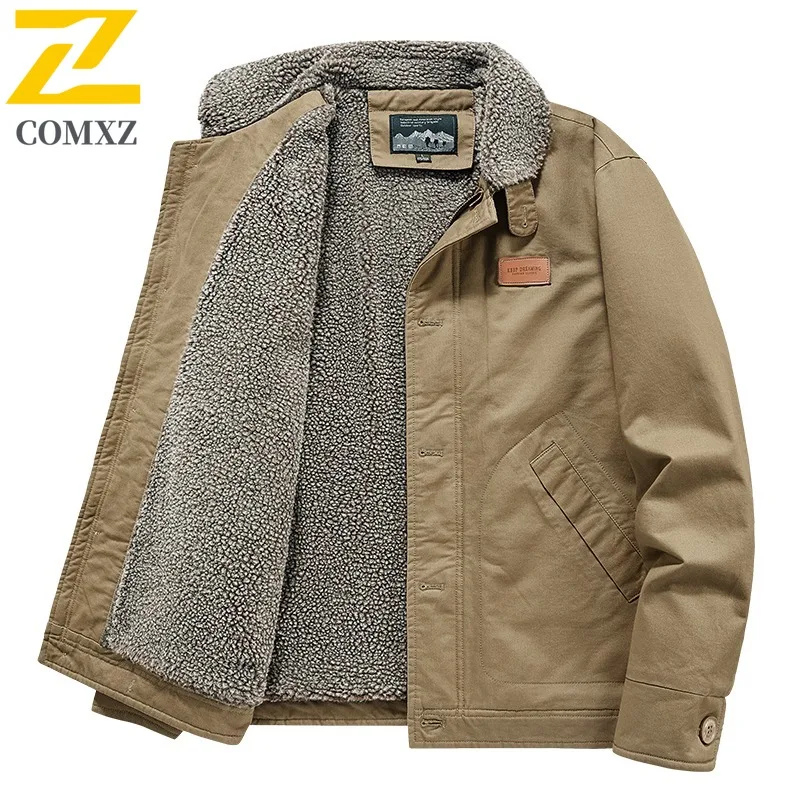COMXZ Lamb Wool Coat Men Winter Thickened Fur Collar Fleece Lined Workwear Pilot Jacket Cotton Coat Lamb Fleece waterproof  Top