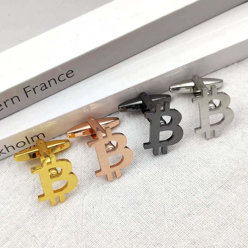 Stainless Steel Bitcoin Sign Pattern Cufflinks Personalized Men French Shirt Cufflink Fashion Jewelry Fathers Day Gift Wholesale