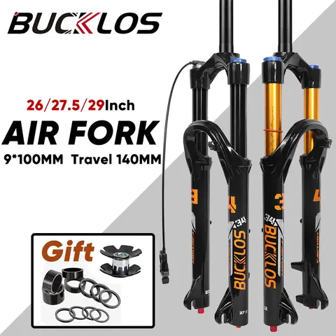 BUCKLOS Mountain Bike Air Suspension Fork Travel 140mm MTB Air Fork 9*100mm Quick Release Bike Forks 34mm Tube Bicycle Fork