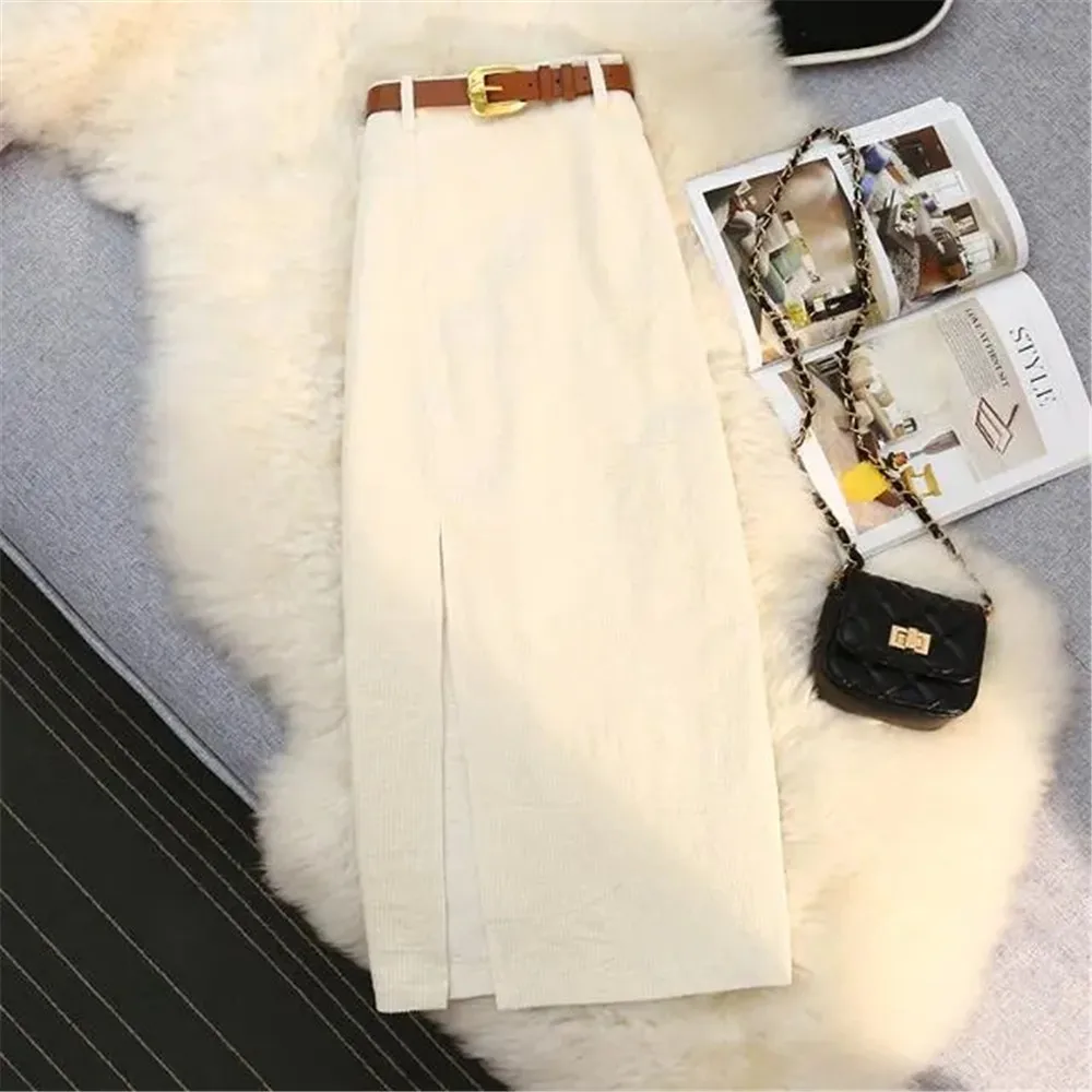 Vintage Winter Skirts Women Retro Split Midi Long Corduroy Casual Skirt Belt Jupe Longue Office Lady A-Line High Waist Hip Skirt