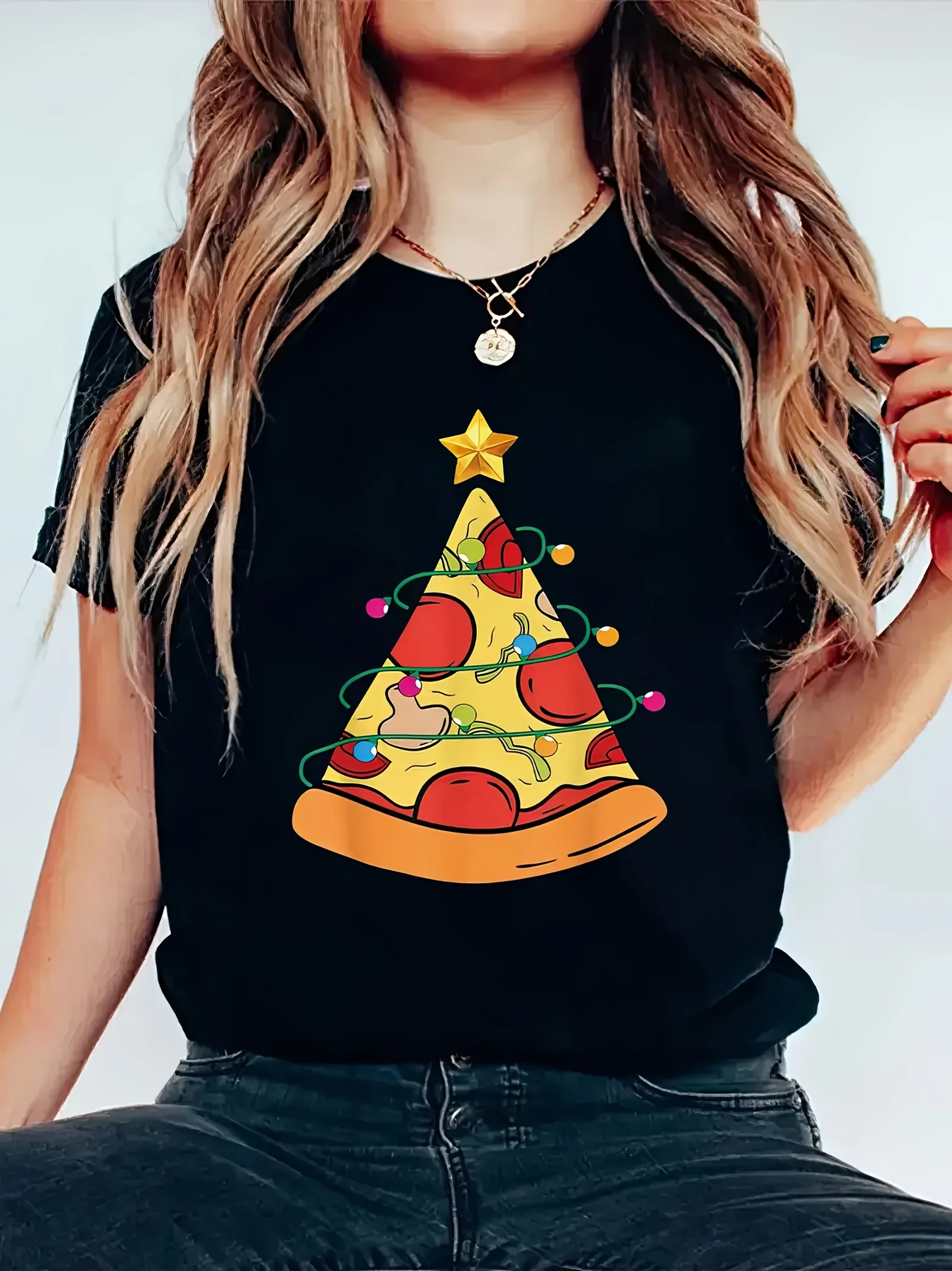 Creative Christmas Pizza TreePrinted Summer Women Casual Tshirt Short Sleeve Roundneck Tshirt Soft Women Daily Wear Clothing