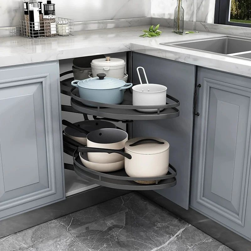 Stainless Steel 2-Tier Corner Cabinet Pull-Out Basket Damping Swing-Out Flying Saucer Storage Rack for Kitchen Blind Corner