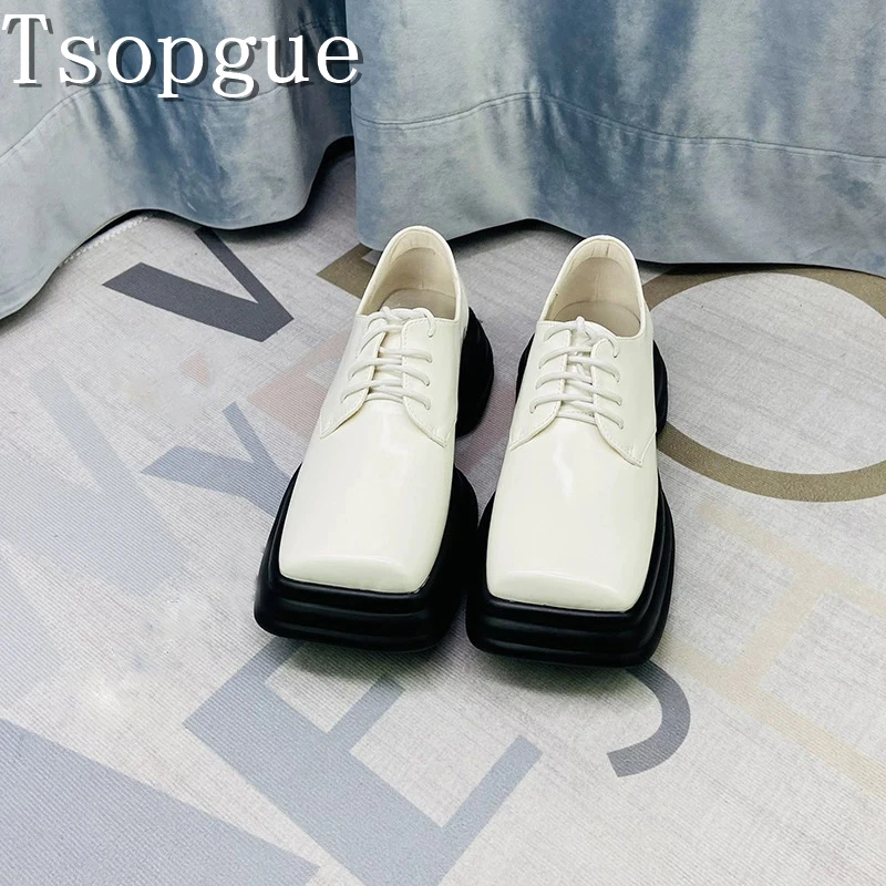 

Spring New Square Toe Thick Soled Loafers Women Black White Leather Lace Up Oxford Shoes Fashionable Chunk Heel Pumps