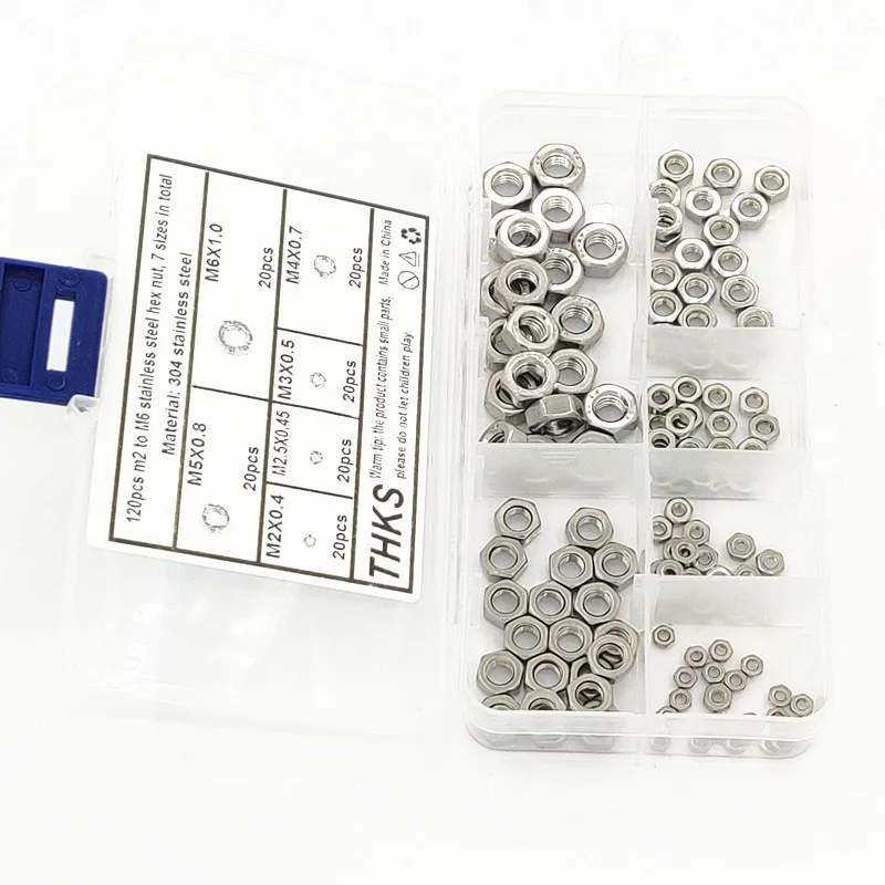 120pcs 304 Stainless Steel Hex Nuts Assortment Kit, Metric M2 M2.5 M3 M4 M5 M6 Hexagonal Nuts Box Set