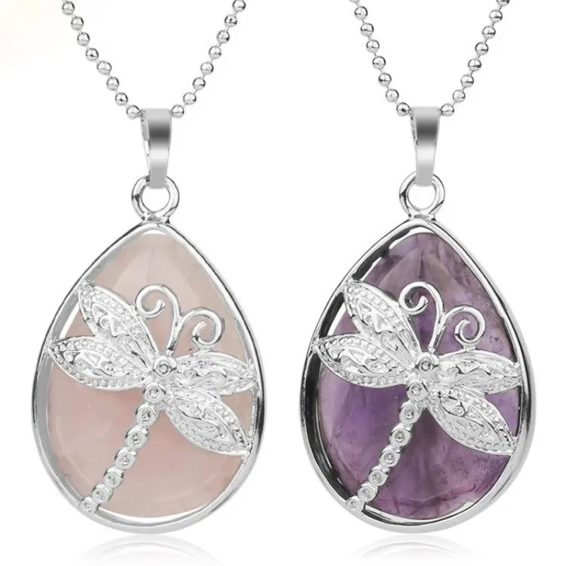 Natural Crystal Gemstone Drop Pendant Necklace Ripple Dragonfly Angel's Tears Pendant Crystal Necklace Jewelry